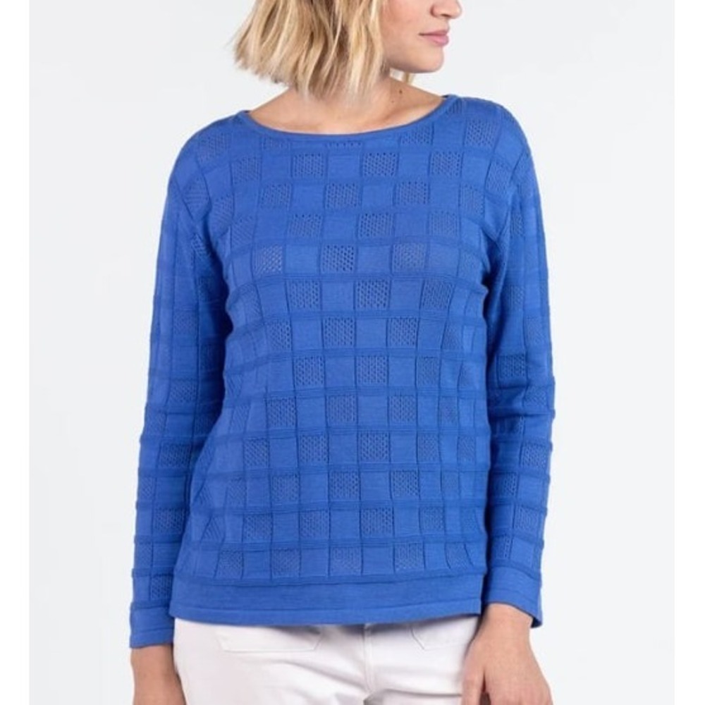 PENDLETON Basket Weave 3/4 Sleeve Cotton Rayon Sweater Tunic Top Blue L A011452